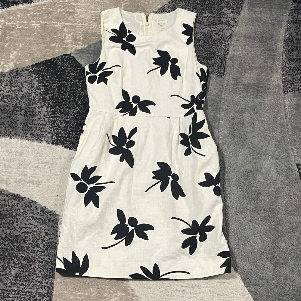 J.Crew Dress Women 6 White‎ Black Floral Sleeveless Sheath Cotton Career Daisy